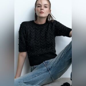 ZARA KNIT SWEATER WITH FAUX PEARLS